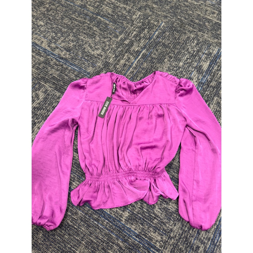 Steve Madden Womens Magenta Purple Satin Smocked Peplum Blouse BN404071 Size M